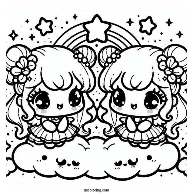 Kawaii Little Twin Stars On A Cloud Coloring Sheet