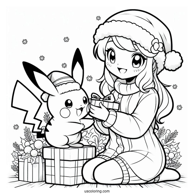 Pokemon Christmas Coloring Page Pikachu Giving Pichu A Present For Kids