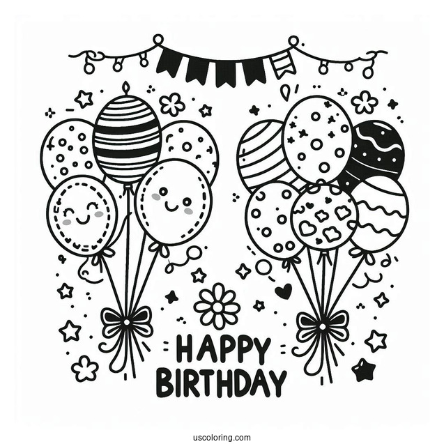 Happy Birthday Balloons Coloring Page
