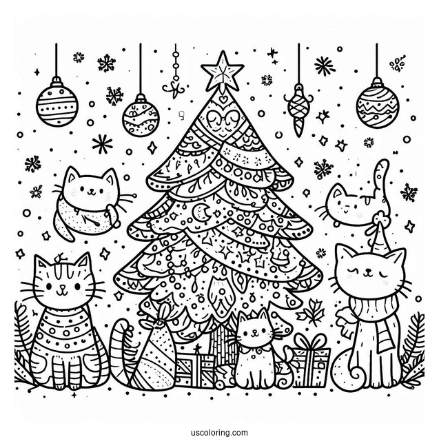 Christmas Tree With Cats Coloring Page