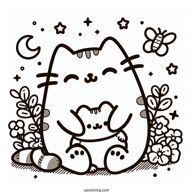 Cute Pusheen With Teddy Coloring Page