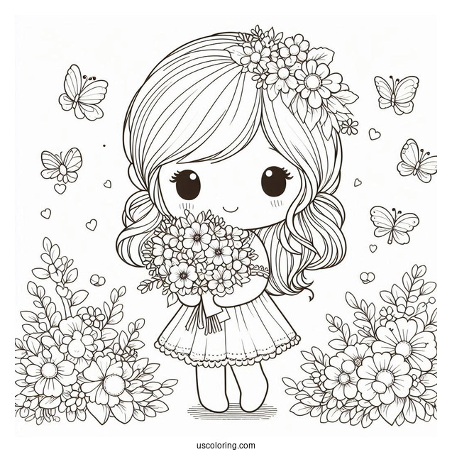 Precious Moments Coloring Page Of Cute Girl Holding Flowers