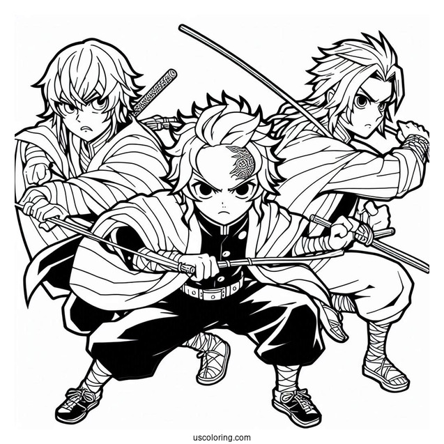 Tanjiro Coloring Page Fighting Alongside Zenitsu Agatsuma And Inosuke Hashibira
