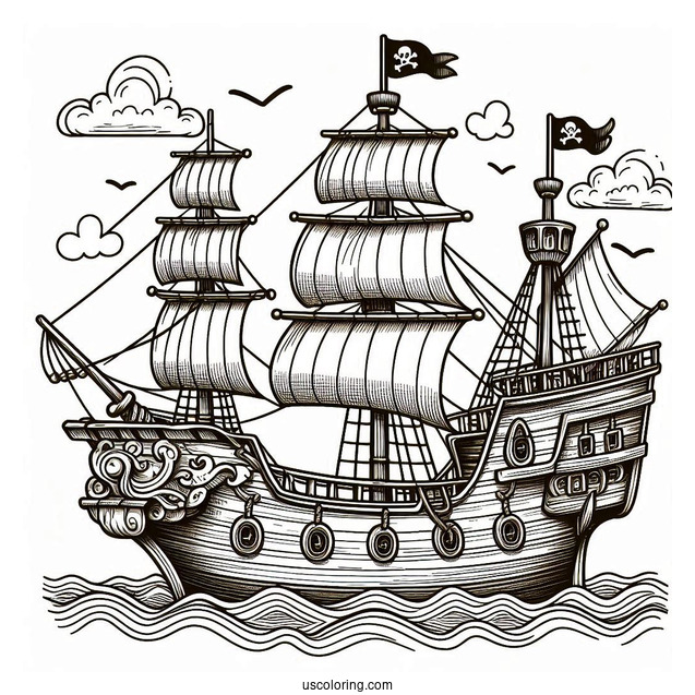 Detailed Pirate Ship Coloring Page