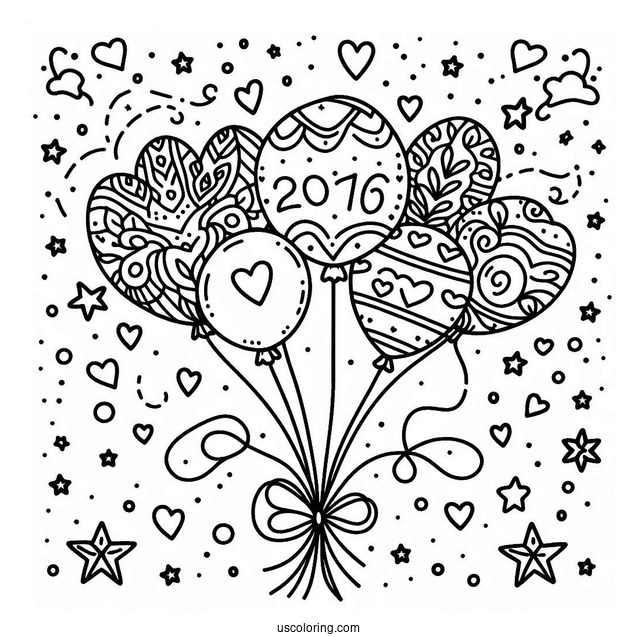 Happy New Year Coloring Page Of Balloons With Love Hearts And Stars