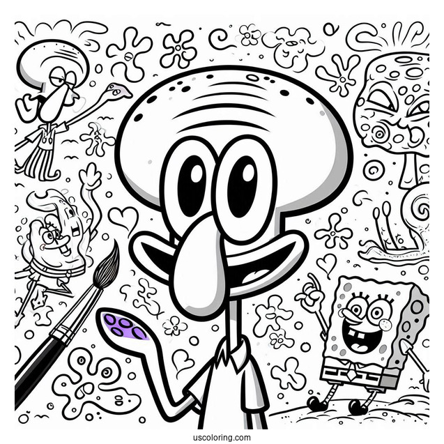 Squidward Coloring Page And SpongeBob Painting Self Portraits