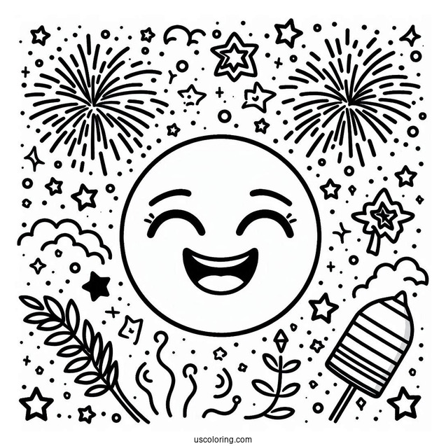 New Year Coloring Page Of Smiling Emoji With Fireworks And Stars