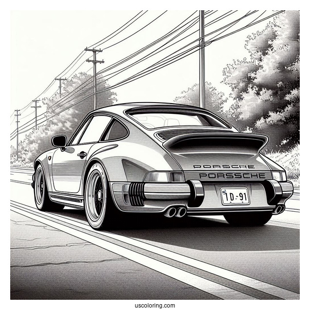 Realistic Back View Of Porsche Coloring Page On The Road