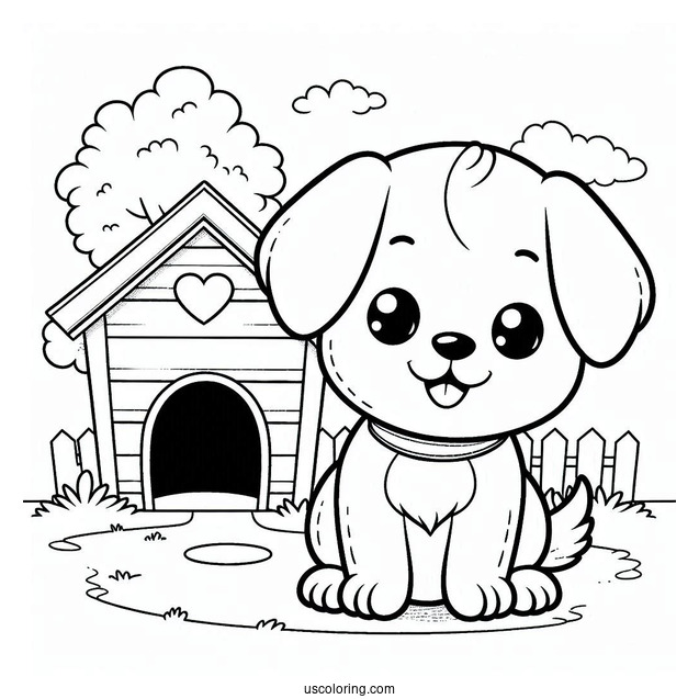 Puppy In Front Of Dog House Coloring Sheet