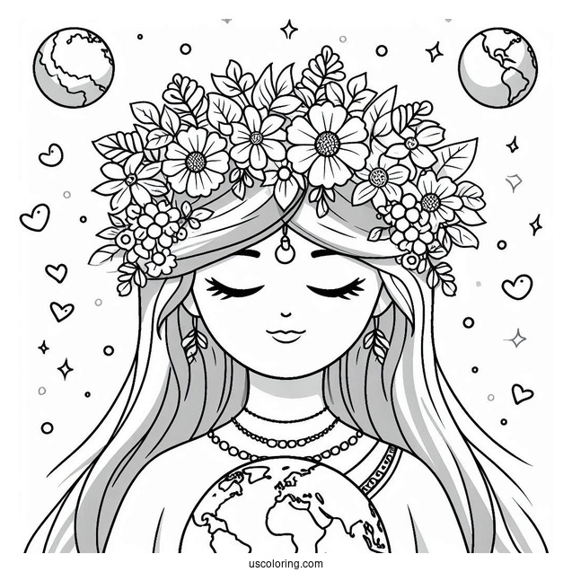 Earth Wearing Flower Crown Coloring Page For Kids