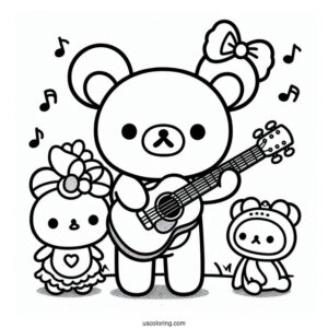 Rilakkuma Coloring Page Playing Guitar While Korilakkuma And Kiiroitori Listen For Kids