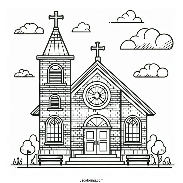 Cute Brick Church Coloring Page With A Tower For Kids