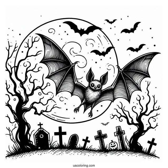 Creepy Bat Coloring Page Flying Over Graveyard On Halloween