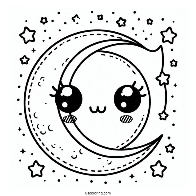 Cute Kawaii Stitched Moon To Color