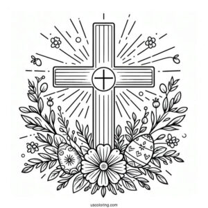 Easter Coloring Page Of Cross With Flowers And Sun On Easter For Kids