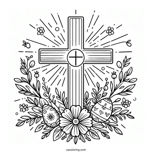 Easter Coloring Page Of Cross With Flowers And Sun On Easter For Kids