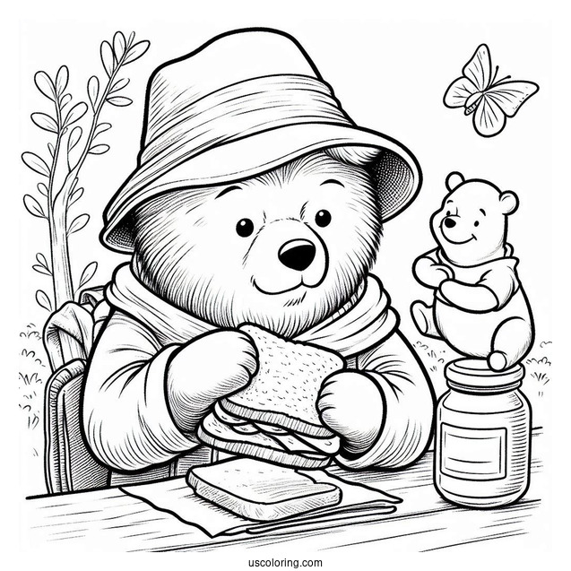 Paddington Coloring Page Eating A Sandwich With Winnie The Pooh
