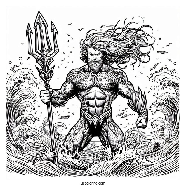 Aquaman Coloring Page Angry Poseidon Holding His Trident Above The Sea