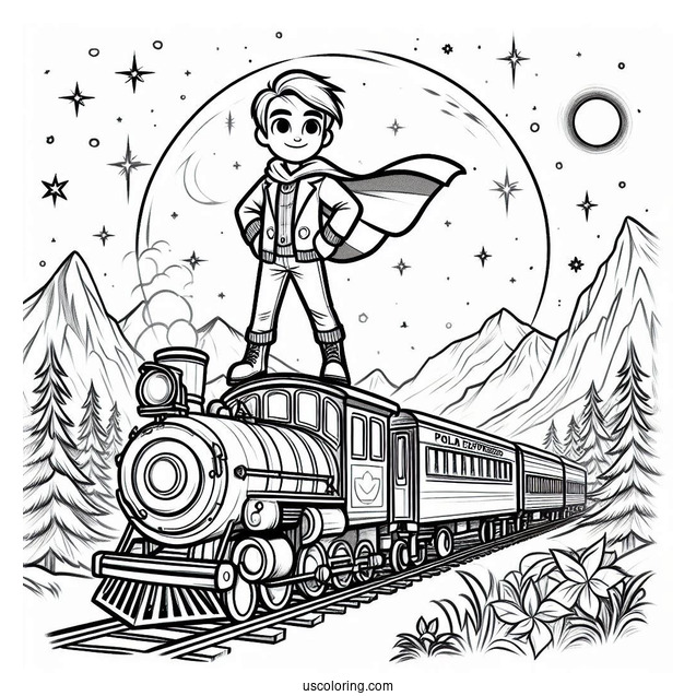 Hero Boy Standing On Top Of ThePolar Express Coloring Page Of Train