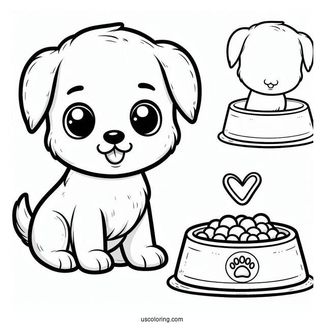 Cute Cartoon Puppy In Front Of Food Bowl