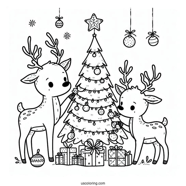 Two Cute Reindeer Decorating Christmas Tree