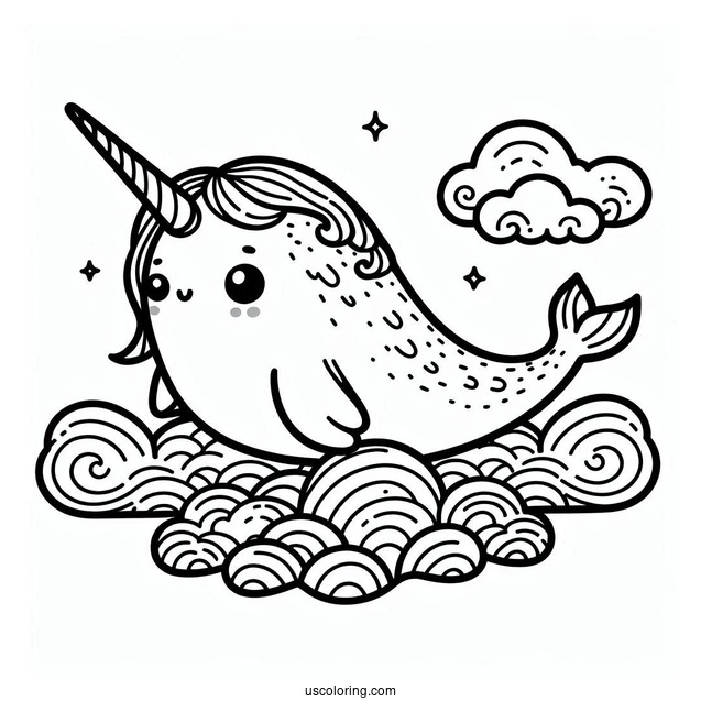 Narwhal Coloring Page With Pretty Mane In The Clouds For Kids