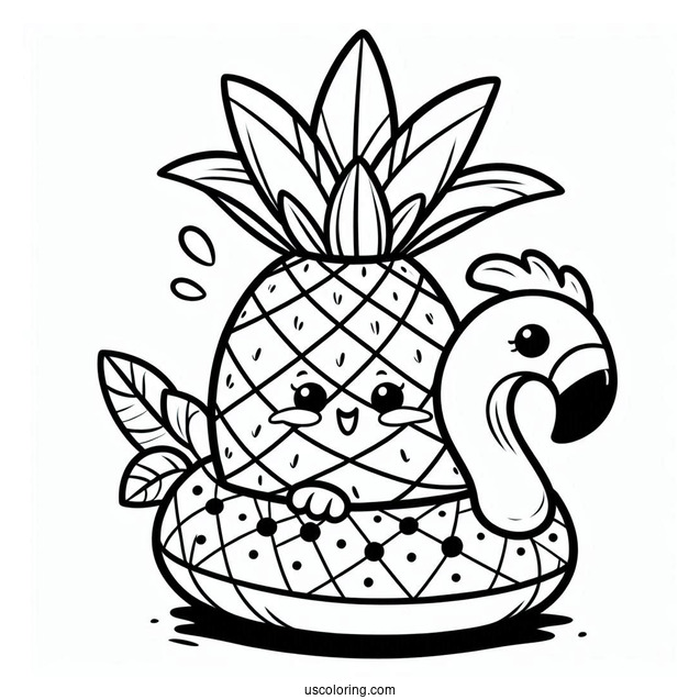Cartoon Pineapple In A Flamingo Floatie Summer Coloring Page For Kids
