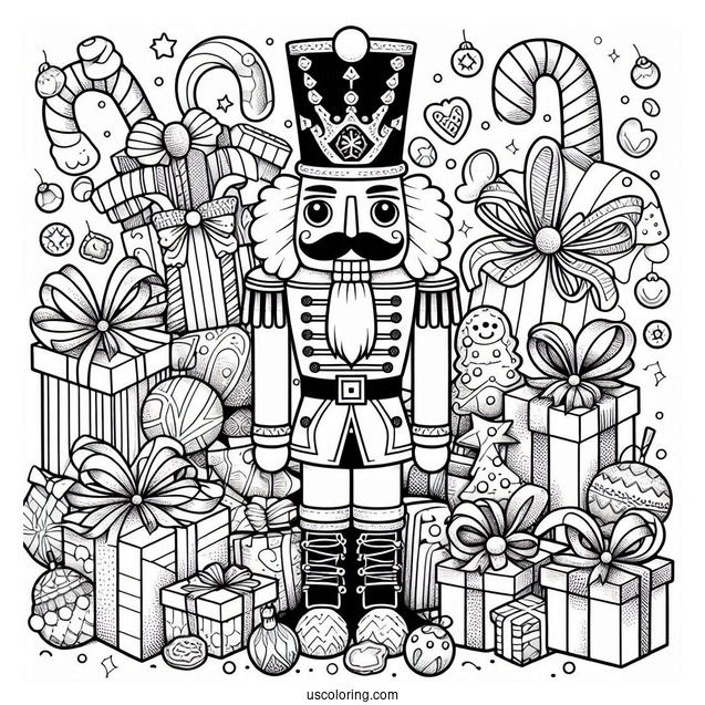 Nutcracker Coloring Page Surrounded By Presents, Gingerbread Men, And Candy Canes