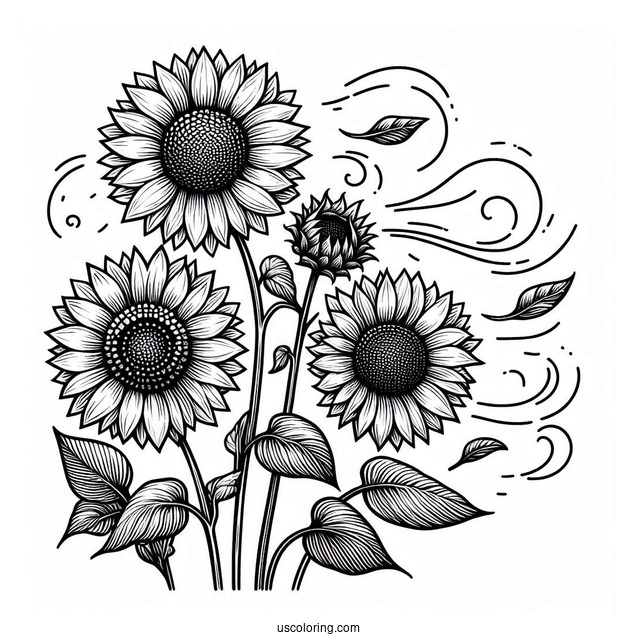 Sunflowers Blowing In The Wind For Coloring