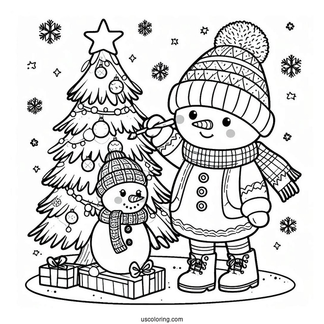 Coloring Page a Snowman Decorating a Christmas Tree