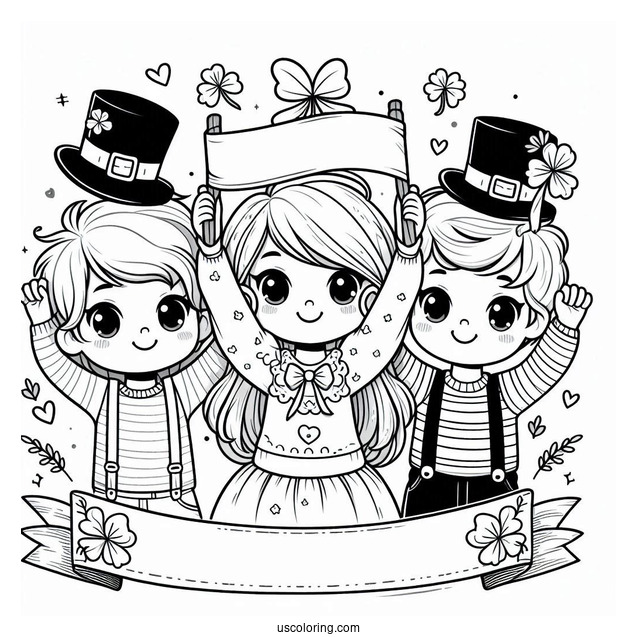 Three Children Holding Up A St. Patrick's Day Coloring Page Banner