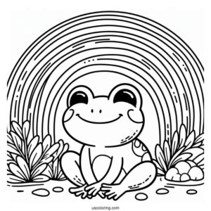 Smiling Frog Sitting Below A Rainbow Coloring Page