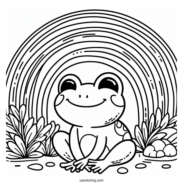 Smiling Frog Sitting Below A Rainbow Coloring Page