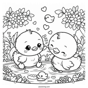 Kawaii Ducklings Playing In A Pond Coloring Page For Preschoolers