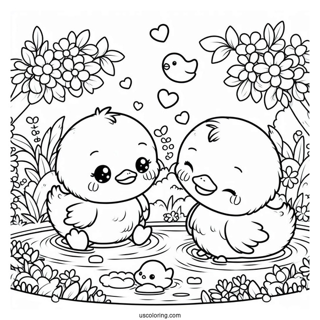 Kawaii Ducklings Playing In A Pond Coloring Page For Preschoolers