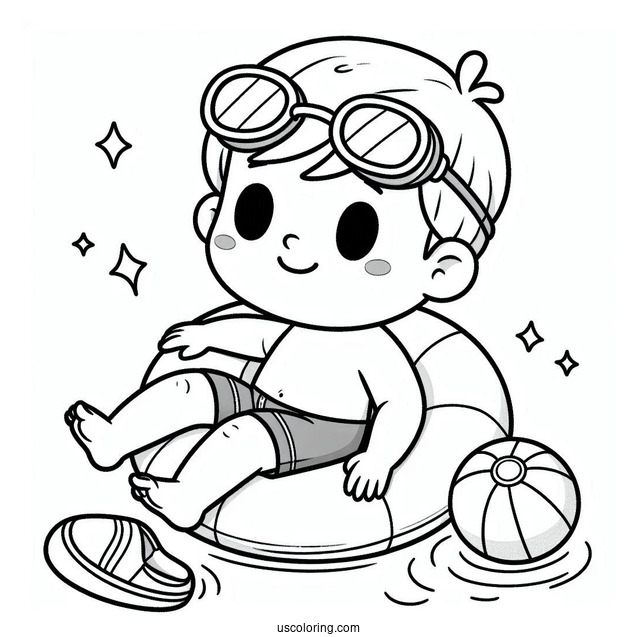 Swimming Coloring Page Of Boy Wearing Goggles And Pool Float For Preschoolers