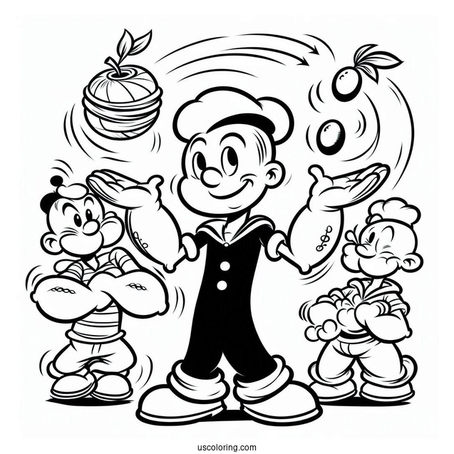 Popeye Coloring Page Juggling Eugene, Olive Oyl, And Swee Pea