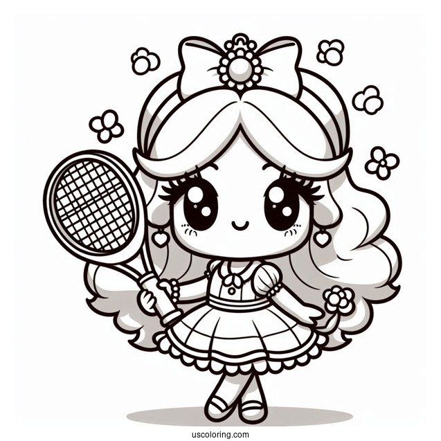 Kawaii Chibi Princess Daisy Coloring Page Holding Tennis Racket For Preschoolers