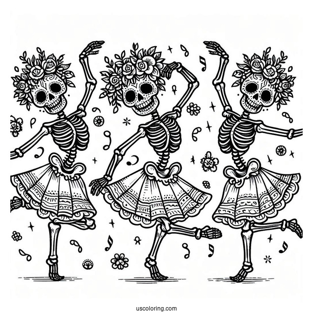 Skeleton Coloring Page Of Sugar Skull With Flower Crown Dancing
