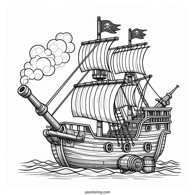 Wooden Pirate Ship With Canon To Color