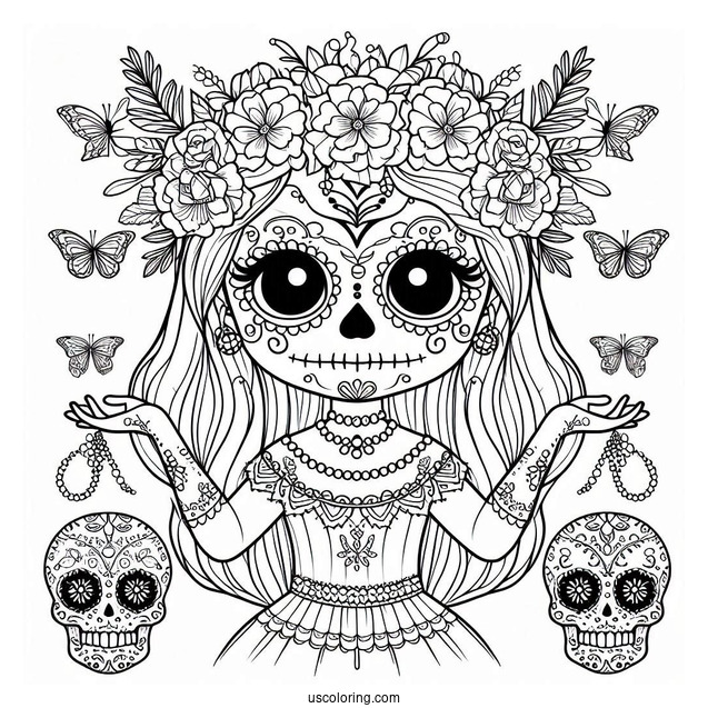 Girl In Sugar Skull Coloring Page Costume For Kids