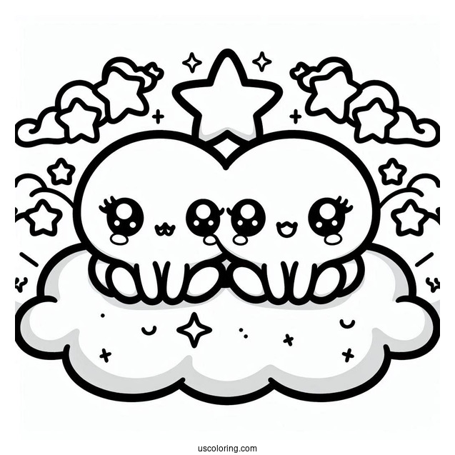 Kawaii Little Twin Stars On A Cloud Coloring Sheet