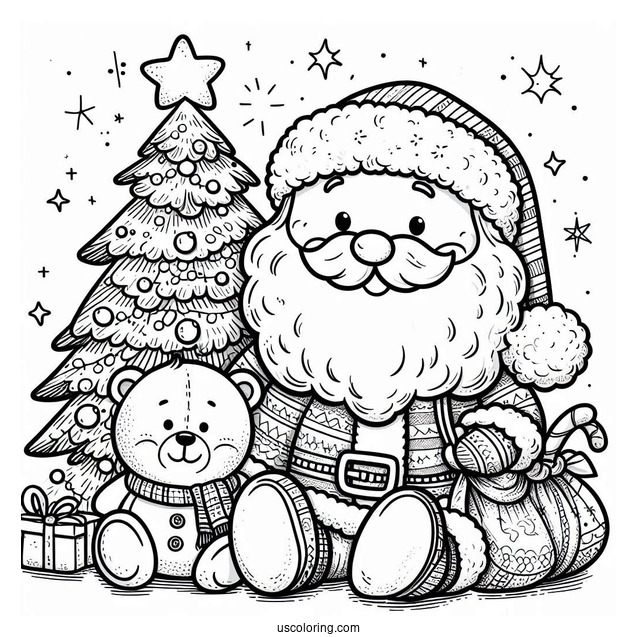 Santa Claus With Christmas Tree Coloring Page