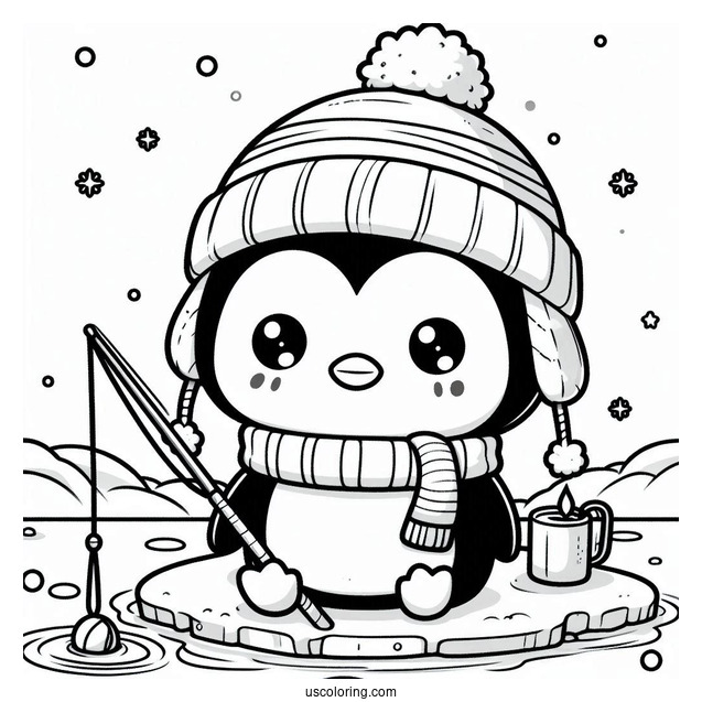 Chibi Coloring Page Penguin with Hat and Scarf Ice Fishing in Winter