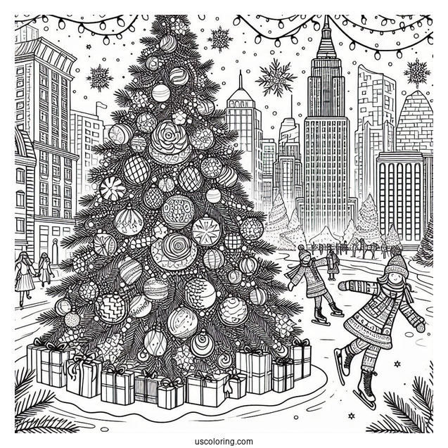 Christmas Coloring Pages For Adults Of Giant Christmas Tree In The City With Ice Skaters