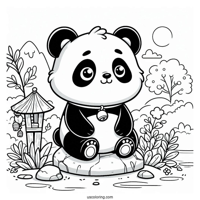 Adorable Panda Coloring Page With Bell Collar Sitting on a Rock For Kids