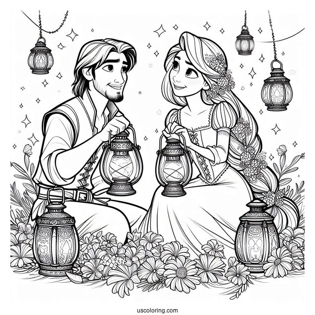 Rapunzel And Eugene With Lanterns To Color