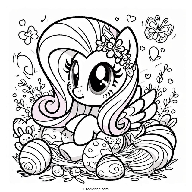 Coloring Sheet of Fluttershy With Easter Eggs and Bunny