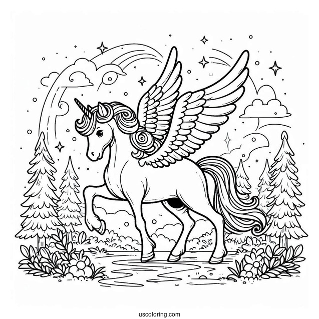 Young Pegasus Coloring Page In The Forest