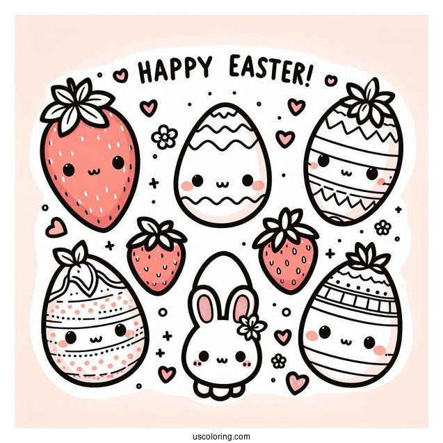 Kawaii Easter Egg Strawberry, Carrot, Bunnies, And Hearts Designs Coloring Sheet